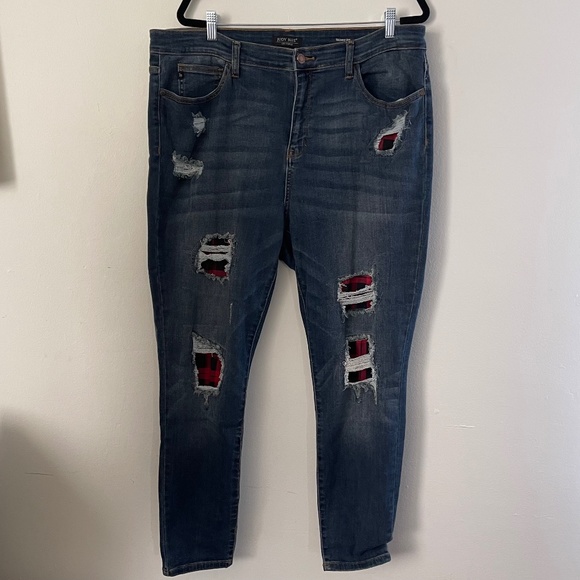 Judy Blue Skinny Fit Buffalo Plaid Patch Jeans 3XL Distressed - Picture 1 of 4